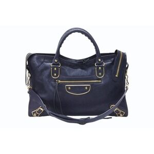BALENCIAGA Classic Metallic City Shoulder Bag Navy Blue